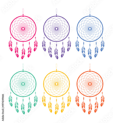 Bohemian dreamcatcher vector set, 6 colorful dream catcher icons with feathers, tribal ethnic charms for spiritual protection and home decor