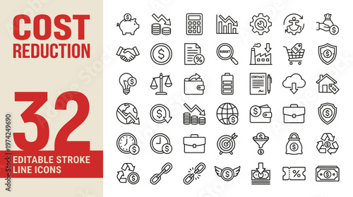 Cost Reduction and Efficiency: 32 Editable Line Icons for Business, Finance, and Expense Optimization