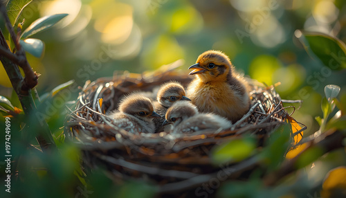 A macro photograph captures a cozy, circular bird's nest constructed from twigs and soft materials, nestled amongst vibrant green foliage with a shallow depth of field, blurring the background into a 