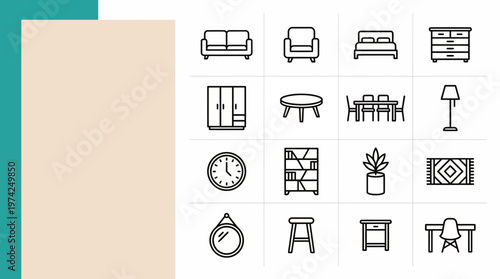 Collection of minimalist furniture icons for interior design, home decor, and living space concepts