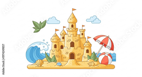 A colorful illustration of a sandcastle on a beach with a wave, umbrella, and beach ball