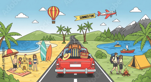 A colorful vector illustration of a summer road trip scene with a car driving towards a beach and mountain landscape