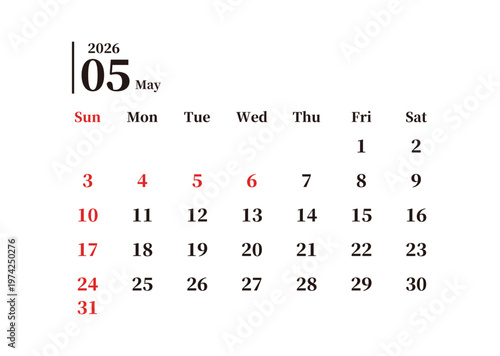 月別のカレンダー ゴールデンウィーク 2026年 5月 日曜始まり 日本の祝日
