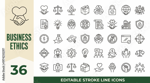 Editable stroke line icons pack of business ethics concepts - 36 clean outline SVG illustrations for governance, integrity, and corporate responsibility