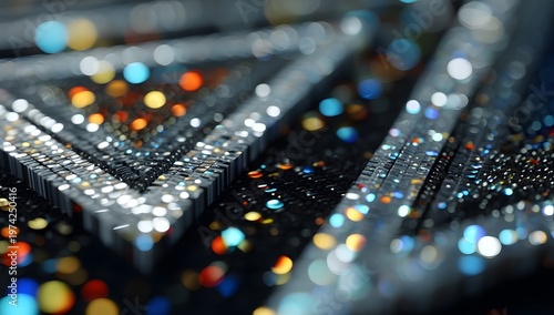 Abstract Digital Technology Background with Vibrant Bokeh Lights and Intricate Patterns.