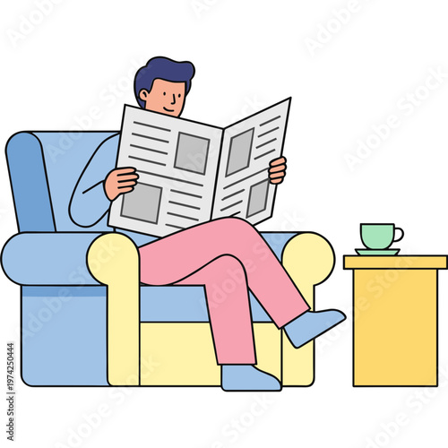 Man reading newspaper sitting on sofa with cup of coffee on table