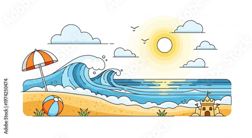 A colorful beach scene with a sandcastle, umbrella, and ball on a sunny day