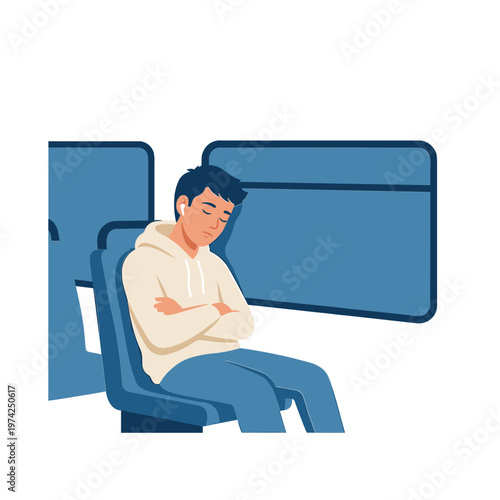 Man sitting alone on a bus with his arms crossed looking sad