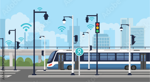 Modern urban landscape featuring a smart city concept with interconnected streetlights, traffic signals, and a high-speed train, illustrating advanced technological integration.