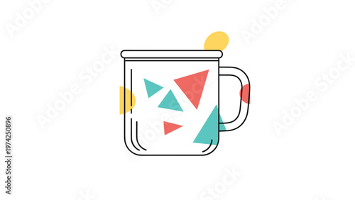 Simple ceramic mug is decorated with vibrant yellow, red, and blue geometric shapes against a clean white background for a modern aesthetic.