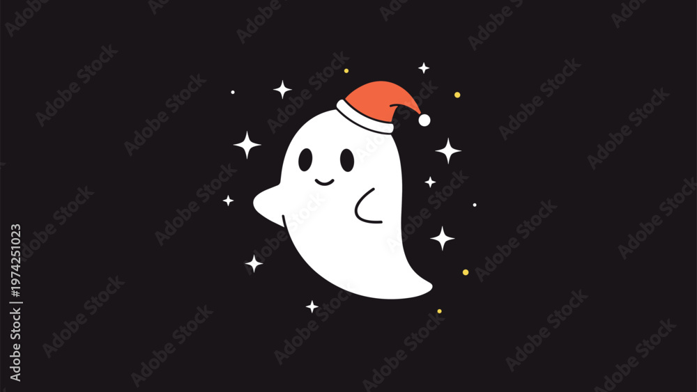 Obraz premium Cute little white ghost wearing a red Santa hat floats peacefully among shimmering stars and golden dots on a dark midnight background.