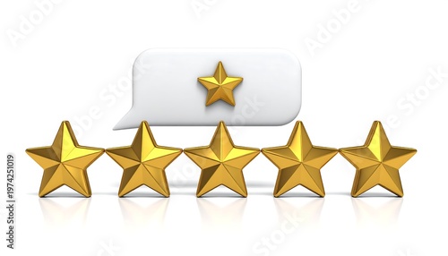 Five golden stars in a row, with a speech bubble above holding a single star. Perfect rating concept, on white