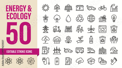 Energy & Ecology Icon Pack: 50 flat line icons for sustainability, environment, and renewable energy visuals.