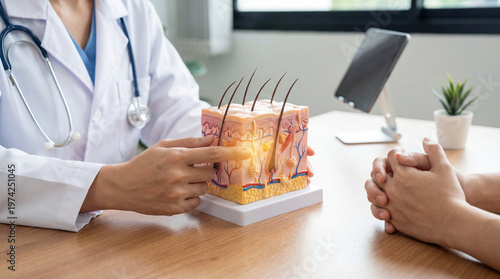 Dermatologist Explaining Skin Anatomy and Hair Health to Patient