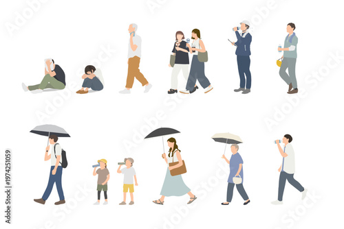 夏の暑さ対策と熱中症予防をする人々のイラストセット