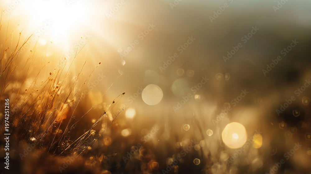 Fototapeta premium The magical golden hour sunlight bathes a field of grass in a warm, ethereal glow, creating soft focus and sparkling bokeh effects.