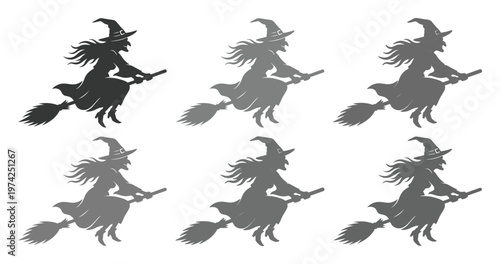 Foto Vintage witch silhouette set with 6 flying sorceress icons, black and grey hallo