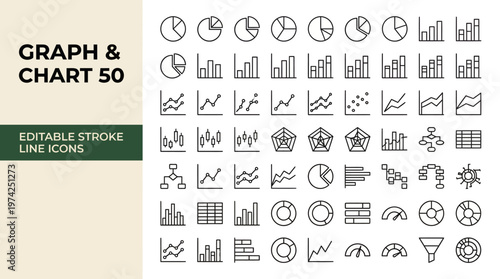 Graph & Chart 50: Editable stroke line icons for data visualization, including bar, line, pie and scatter charts for dashboards and infographics