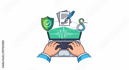 Hands typing on laptop with security, contract, and waveform graphics
