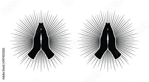 Schilderij op canvas Praying hands silhouette with divine sunburst light rays, spiritual prayer gestu