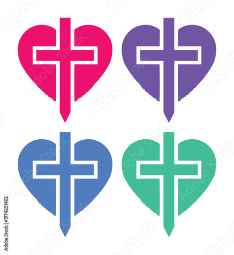 Christian cross heart icons set, colorful religious symbols for church branding, spiritual love and faith vector graphics in pink purple blue and green