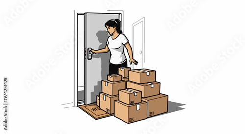 Woman opening door to a pile of delivered packages