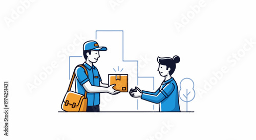 A delivery person hands a package to a recipient