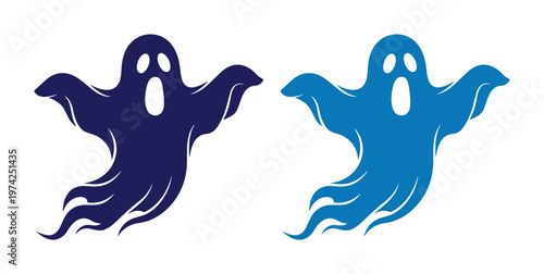 Spooky ghost vector silhouettes in dark blue and light blue, flying halloween spirits with screaming faces, 2 flat phantom icons for holiday design