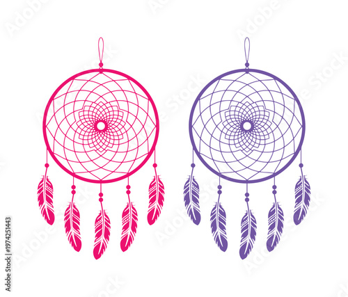Bohemian dreamcatcher vector set, pink and purple tribal dream catcher illustrations with feathers, ethnic spiritual charms for wall art and decor