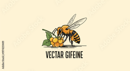 Detailed illustration of a bee collecting nectar from a cluster of berries