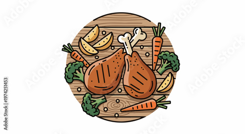 Delicious chicken legs with carrots, broccoli, and potato wedges