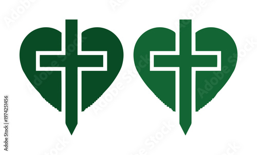 Christian cross heart icons in forest green, religious faith and love symbols, minimalist church logos for community and worship branding