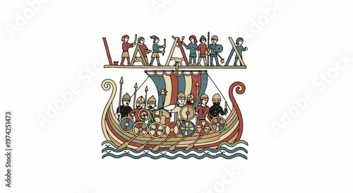 Medieval warriors sail a longship adorned with colorful shields under a banner of figures constructing letters