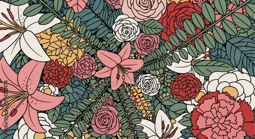 A richly detailed floral arrangement featuring lilies, roses, and carnations in a harmonious color palette