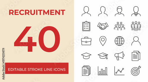 40 editable stroke-line icons for recruitment and HR, a clean vector icon set for hiring, resumes, interviews, and careers