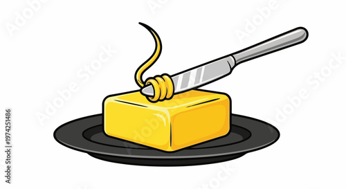 A shiny yellow butter block on a dark plate with a knife spreading a curl of butter