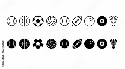 Collection of black circular sport balls icons including baseball, basketball, soccer, volleyball, tennis ball, rugby ball and more.