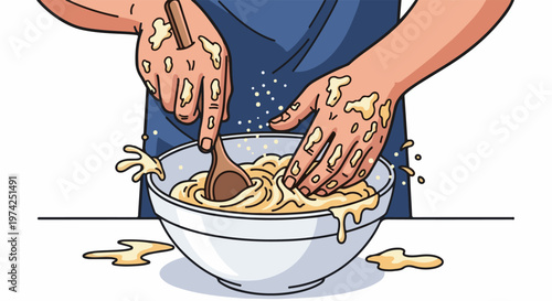 Hands mixing a creamy batter in a bowl with a wooden spoon, splattering