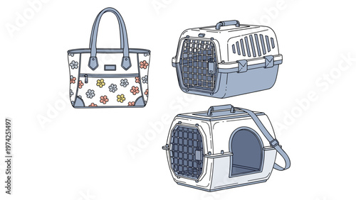 Set of pet travel accessories includes two types of plastic animal crates and one floral fabric tote bag for transporting small animals.