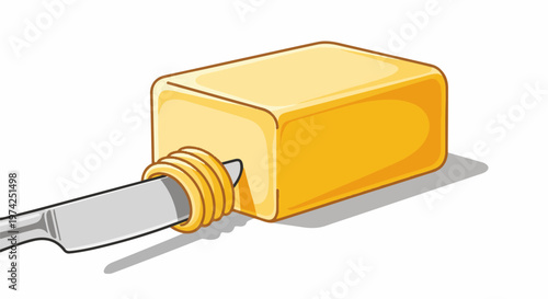 A yellow stick of butter with a knife slicing off a curl