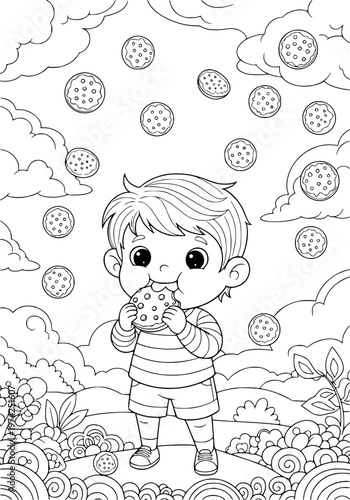 A boy had a dream about cookies falling from the sky. Coloring page.