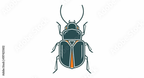 Stylized illustration of a dark green beetle with orange accents and white outlines