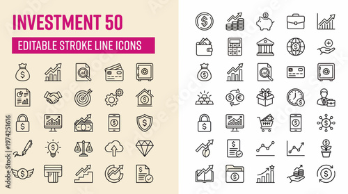 50 editable stroke-line icons for investment and finance, featuring banking, money, charts, and financial tools in a clean vector style.