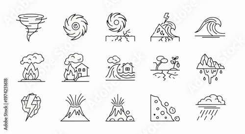 Icons depicting natural disasters like tornadoes, hurricanes, fires, tsunamis, volcanoes, and droughts