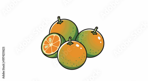 Four round, green and orange citrus fruits, one sliced revealing juicy segments