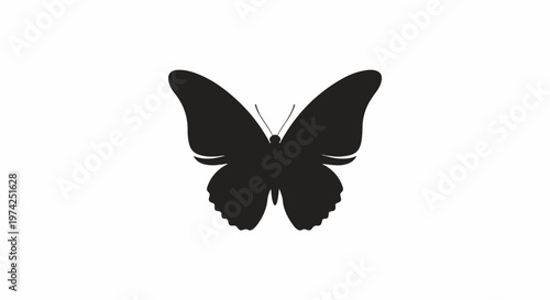 A simple black silhouette of a butterfly with spread wings, centered against a white background