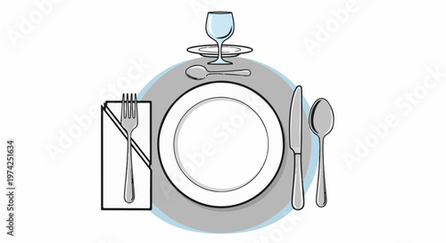 A formal table setting includes a plate, cutlery, napkin, and a water glass
