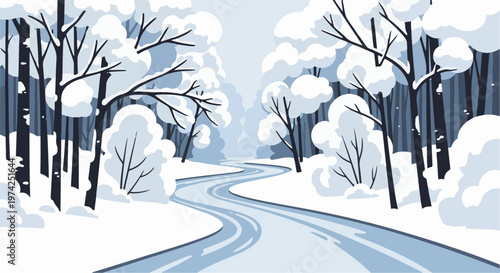 Winding snowy path through a winter forest with bare trees