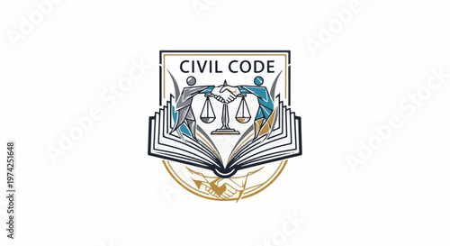 Legal emblem with open book, balanced scales, and shaking hands symbolizing justice and agreement