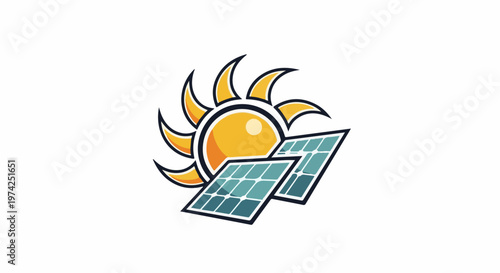 Stylized sun with fiery rays shines on two angled solar panels, suggesting clean energy